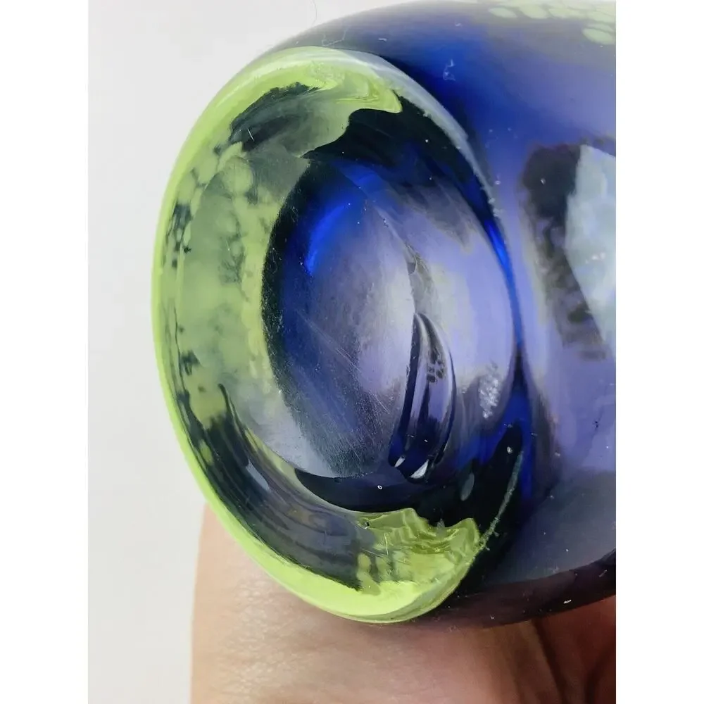 Art Glass Blown Vase 8” Blue Lime Green Splatter Speckle Stripe Wide Mouth Flare